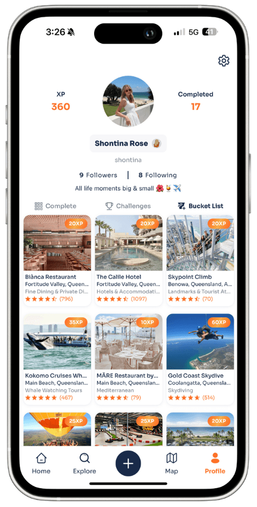 XPme app bucket list view